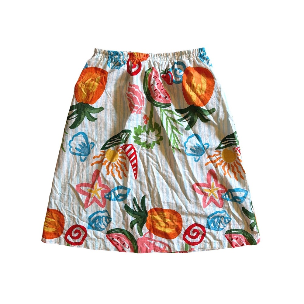 Calypso St Barth Resort Tropical Fruit Print Midi Skirt Blue White Large Beach